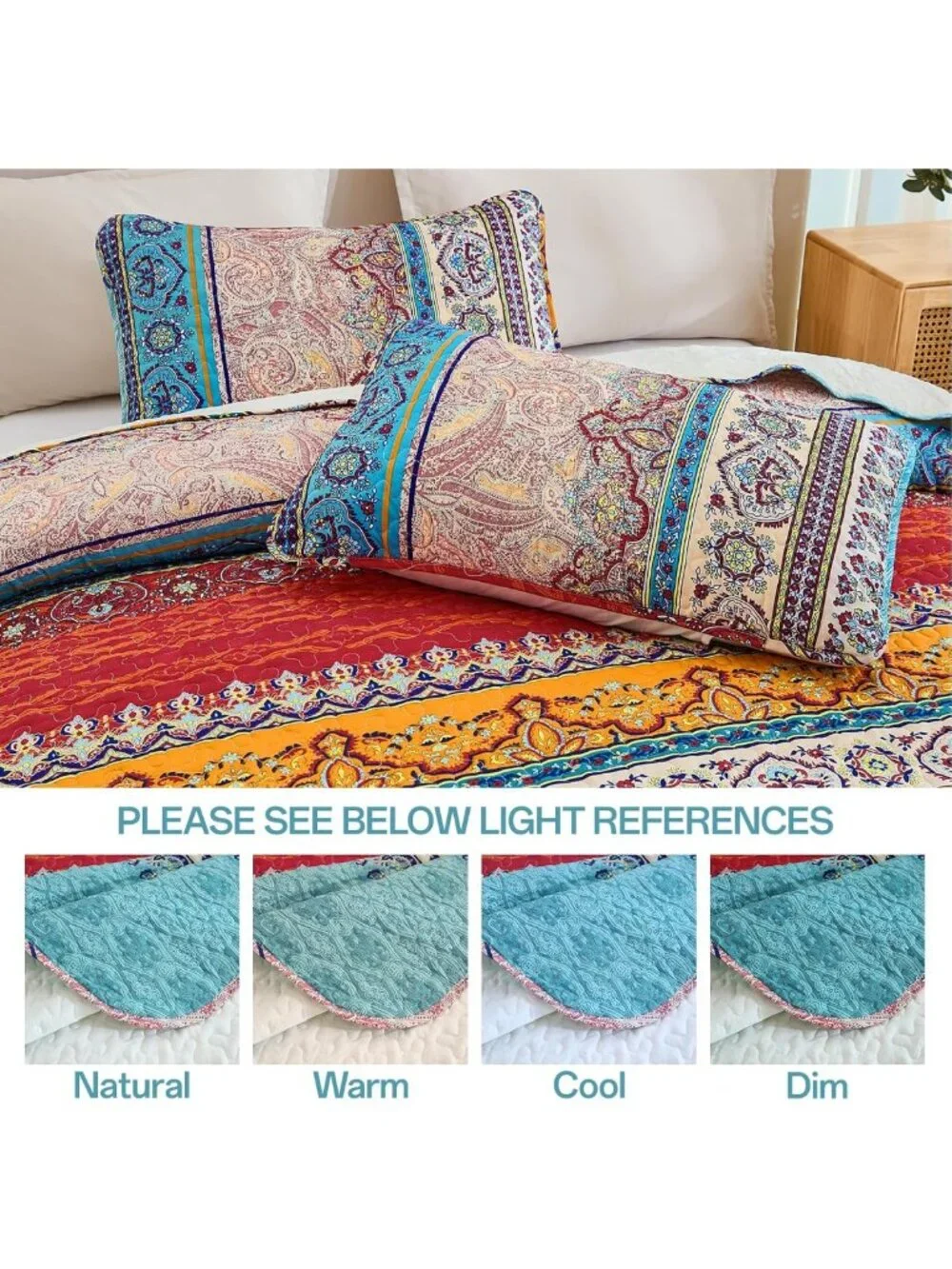 Boho Queen Quilt Set - Colorful Striped Bedding, Lightweight Microfiber, 3